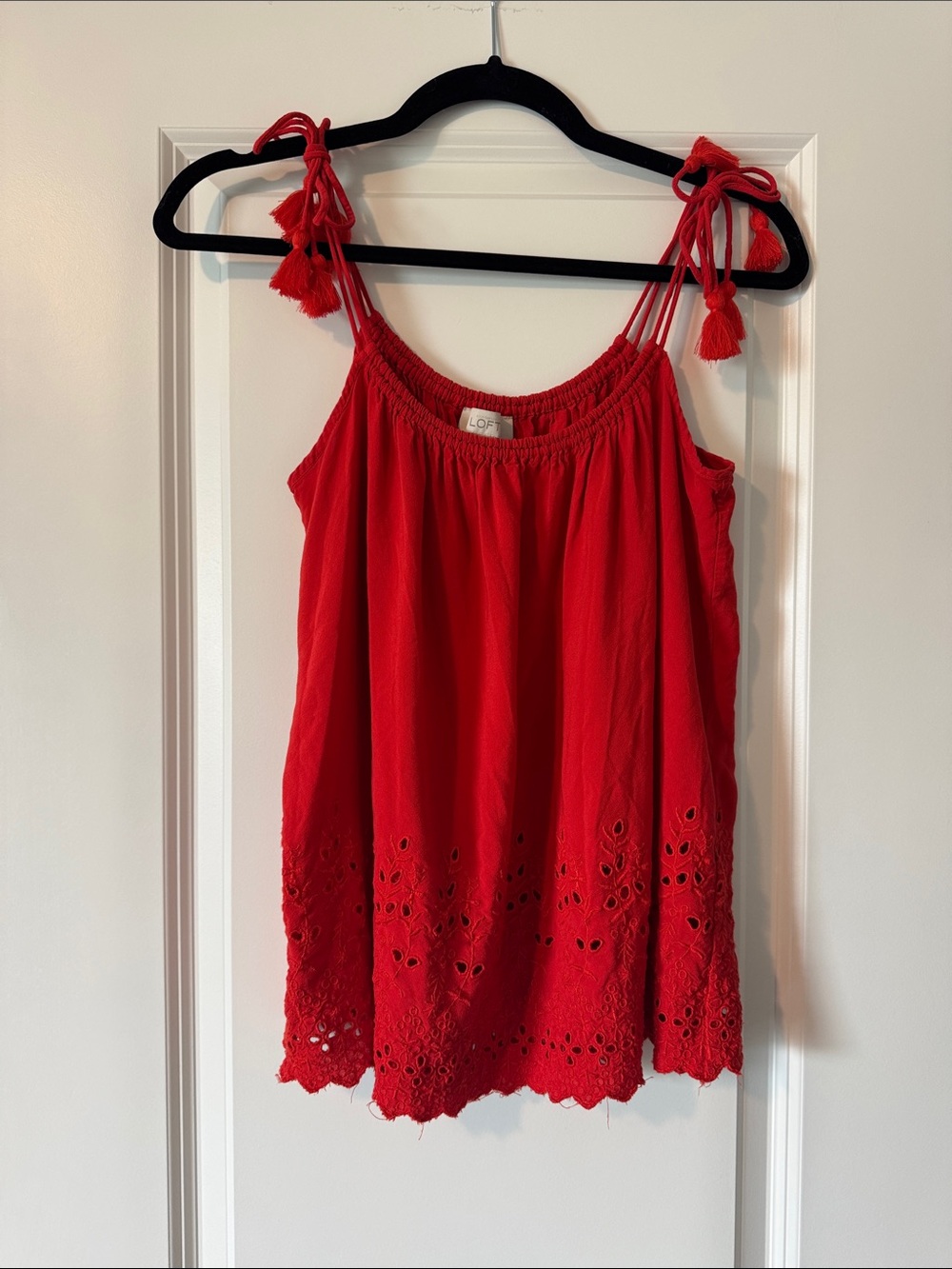 LOFT Red Eyelet Tie-Strap Camisole with Tassels
